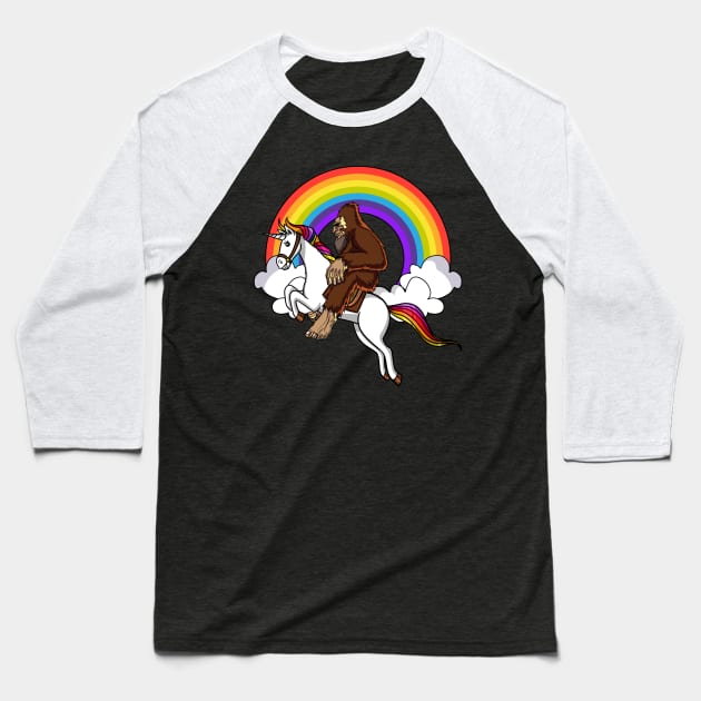 Bigfoot Riding Unicorn Baseball T-Shirt by underheaven